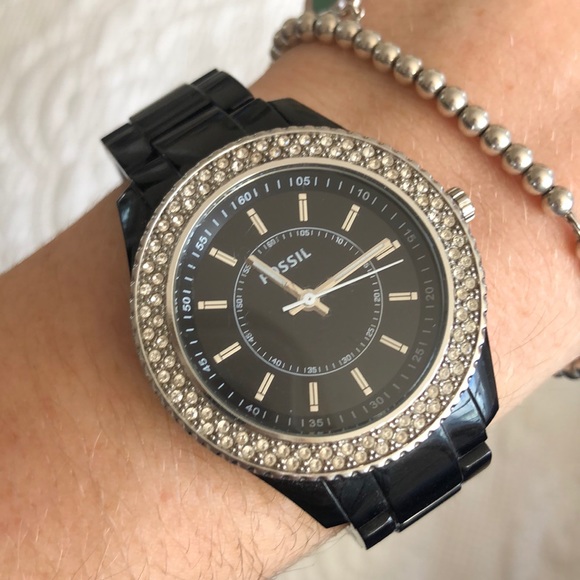 Fossil Accessories Black Fossil Watch With Crystals Poshmark